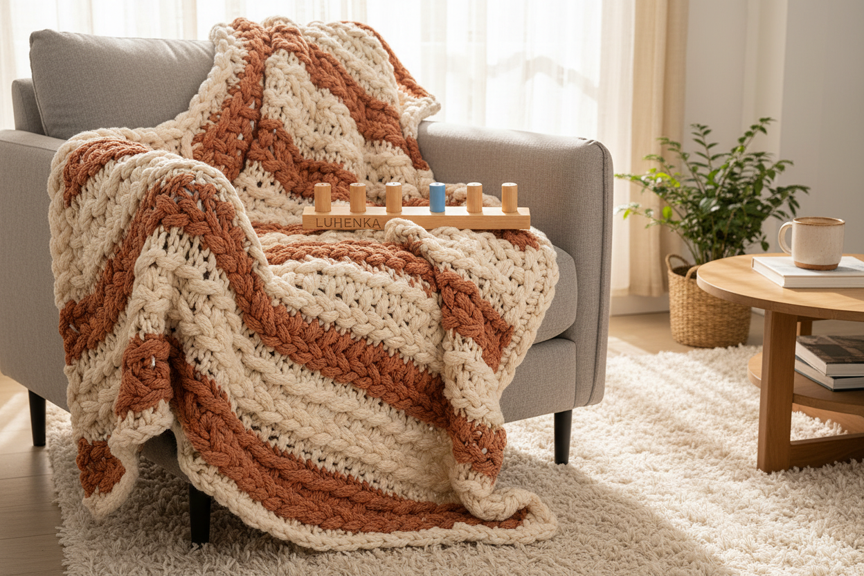 Finished chunky blanket on armchair with Luhenka loom