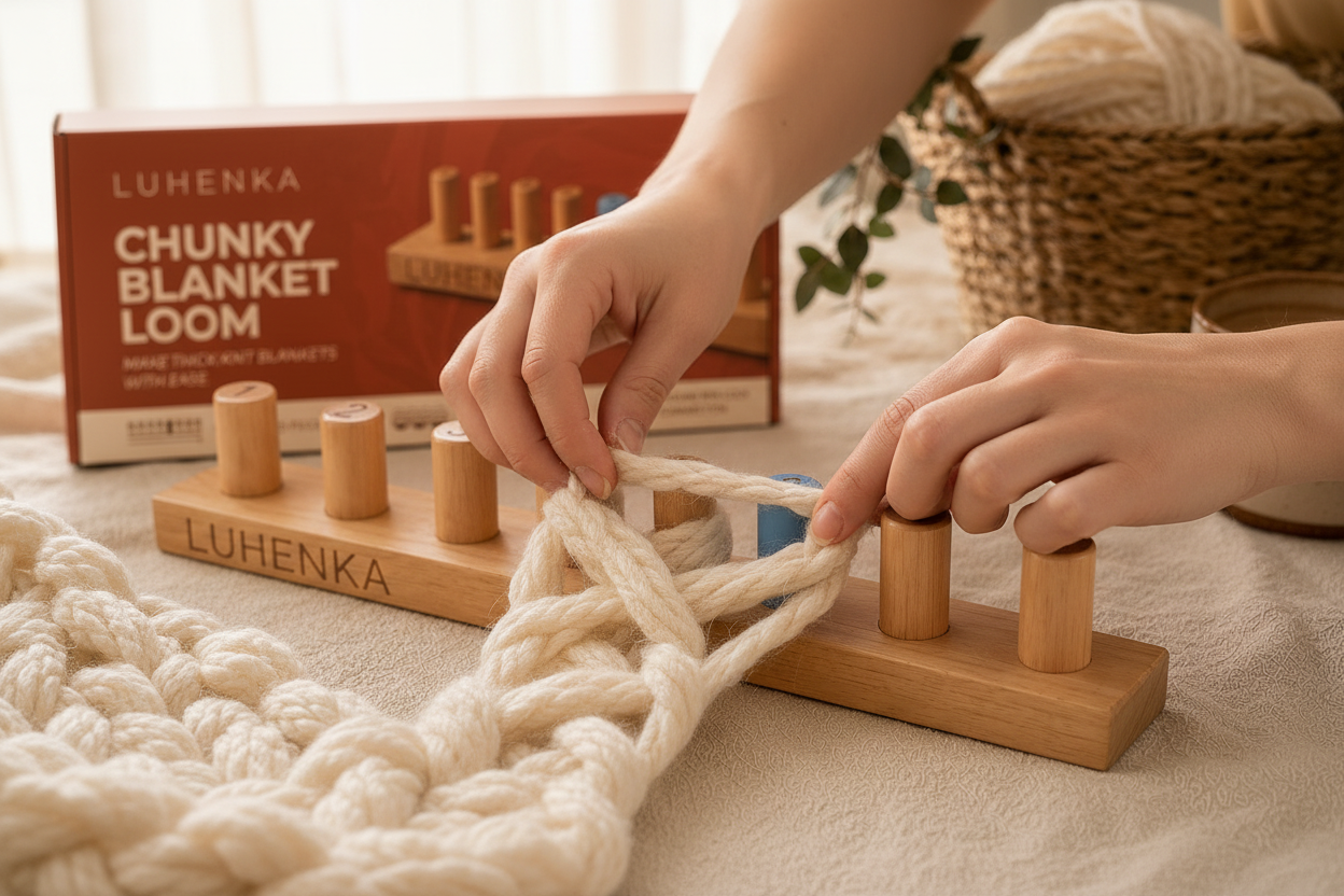 Hands weaving chunky yarn on Luhenka loom