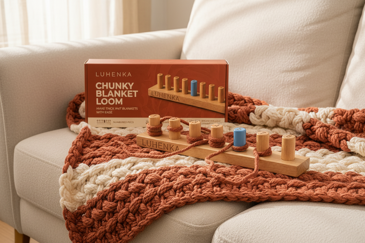 Luhenka loom with chunky blanket on sofa